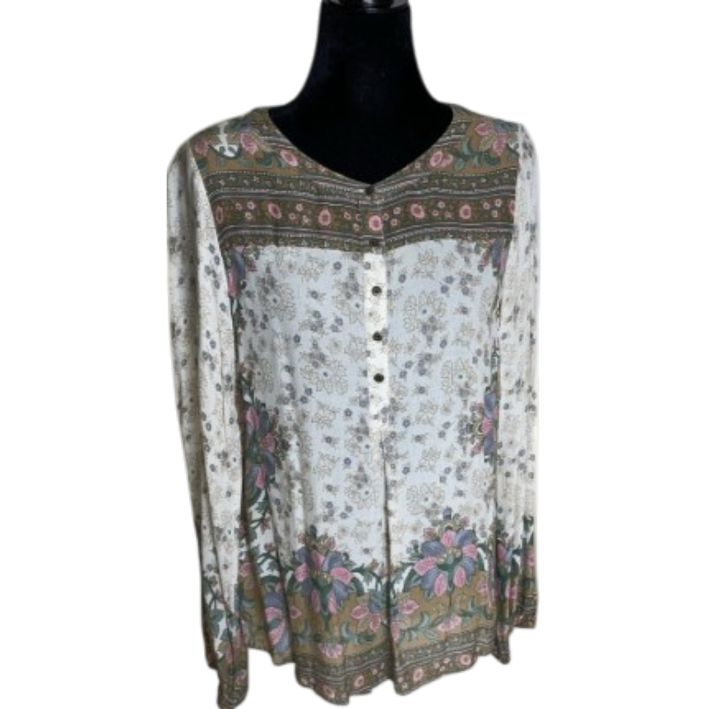 Lucky Brand Women's Small Henley Floral Boho Blouse Top Multi-Color Long Sleeve